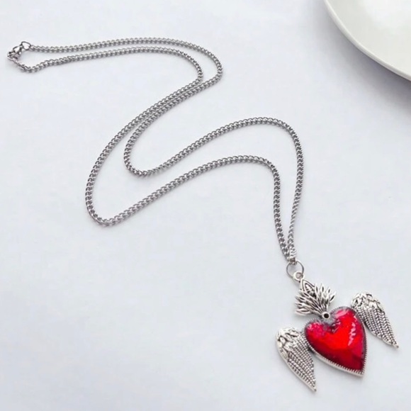 Winged Sacred Heart Ruby Red Fiery Jesus Immaculate Mary Catholic Steel Necklace - Picture 6 of 11